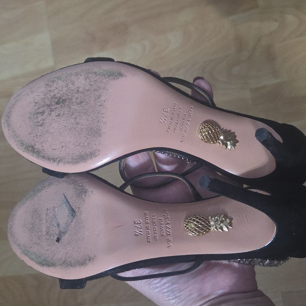Aquazzura Black Crystal T-Strap High Heel Sandals - Picture 10 of 10